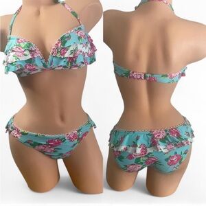 Betsey Johnson Bikini Floral Teal  White Pink Ruffle Embroidered
